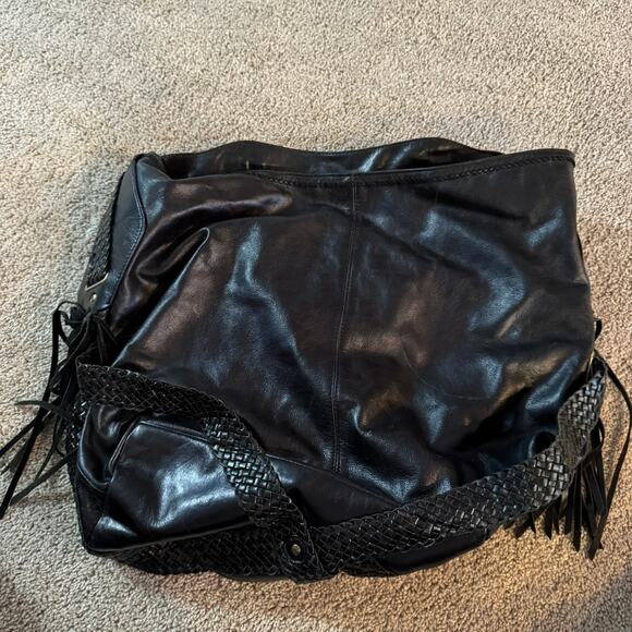 Cole Haan Black Leather Purse w/ Braided Leather Straps Shoulder Bag Fringe - Picture 1 of 16
